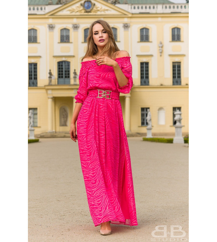 Długa wieczorowa hiszpanka sukienka Pola różowa wzór