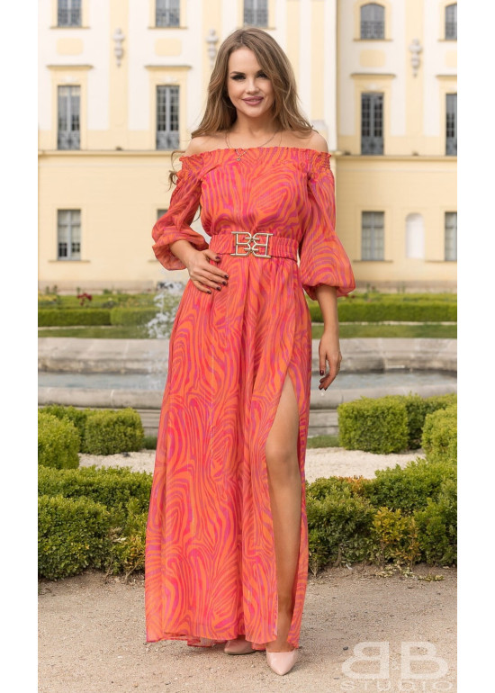 Długa wieczorowa hiszpanka sukienka Pola pomarańczowa wzór