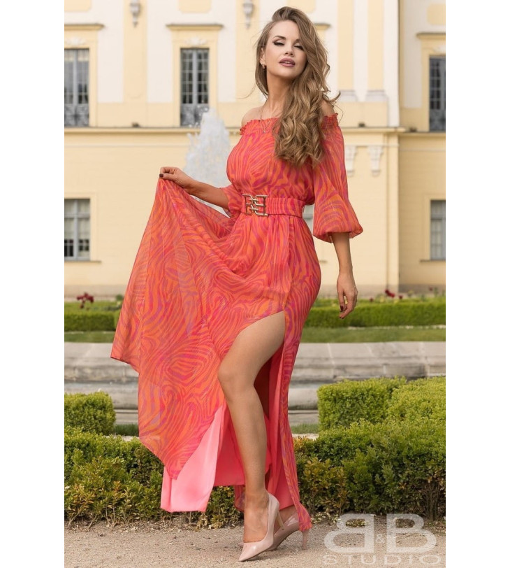 Długa wieczorowa hiszpanka sukienka Pola pomarańczowa wzór