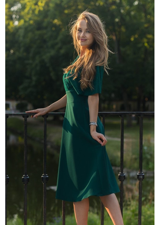 Midi sukienka z rękawem butelkowa zieleń
