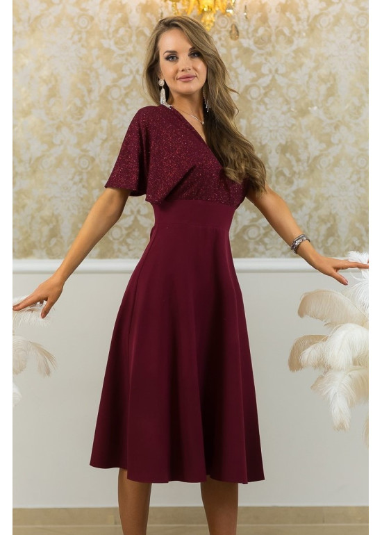 Midi sukienka z brokatową górą w kolorze bordowym