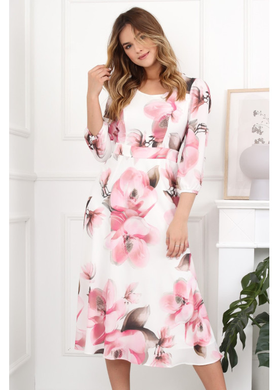 Midi rozkloszowana sukienka szyfonowa w kwiaty